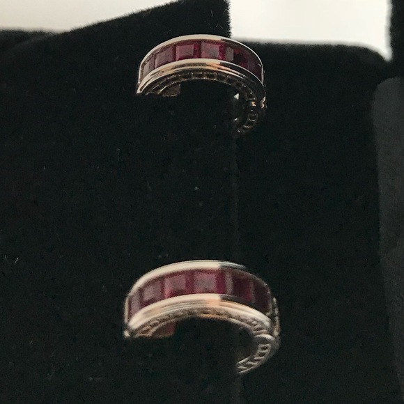 RUBY HOOP EARRINGS 14k White Gold Huggie Style Hoop Earrings July Birthstone - Picture 5 of 14